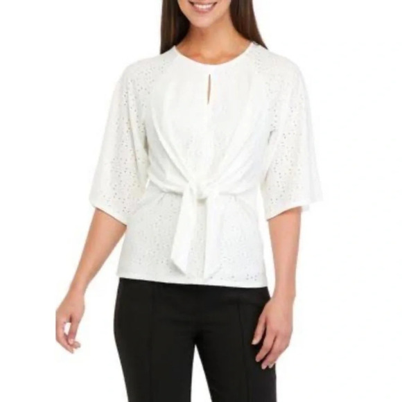 New Kasper Eyelet Blouse Tie Front Vanilla Ice White Size Large - Picture 1 of 7
